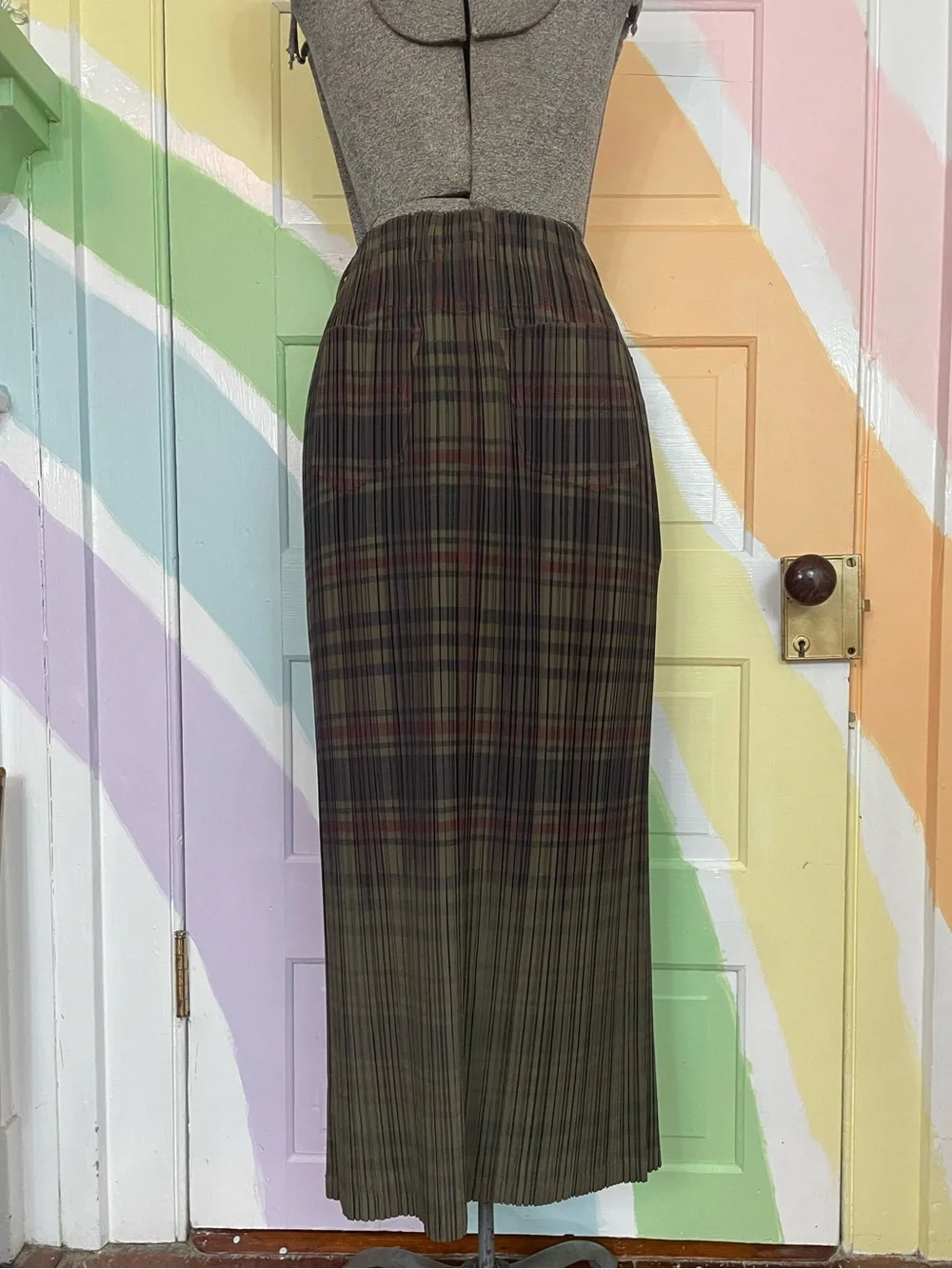 Issey Miyake Pleated Plaid Maxi Skirt Contrast Stitching Japan Sz L 🧡🎀